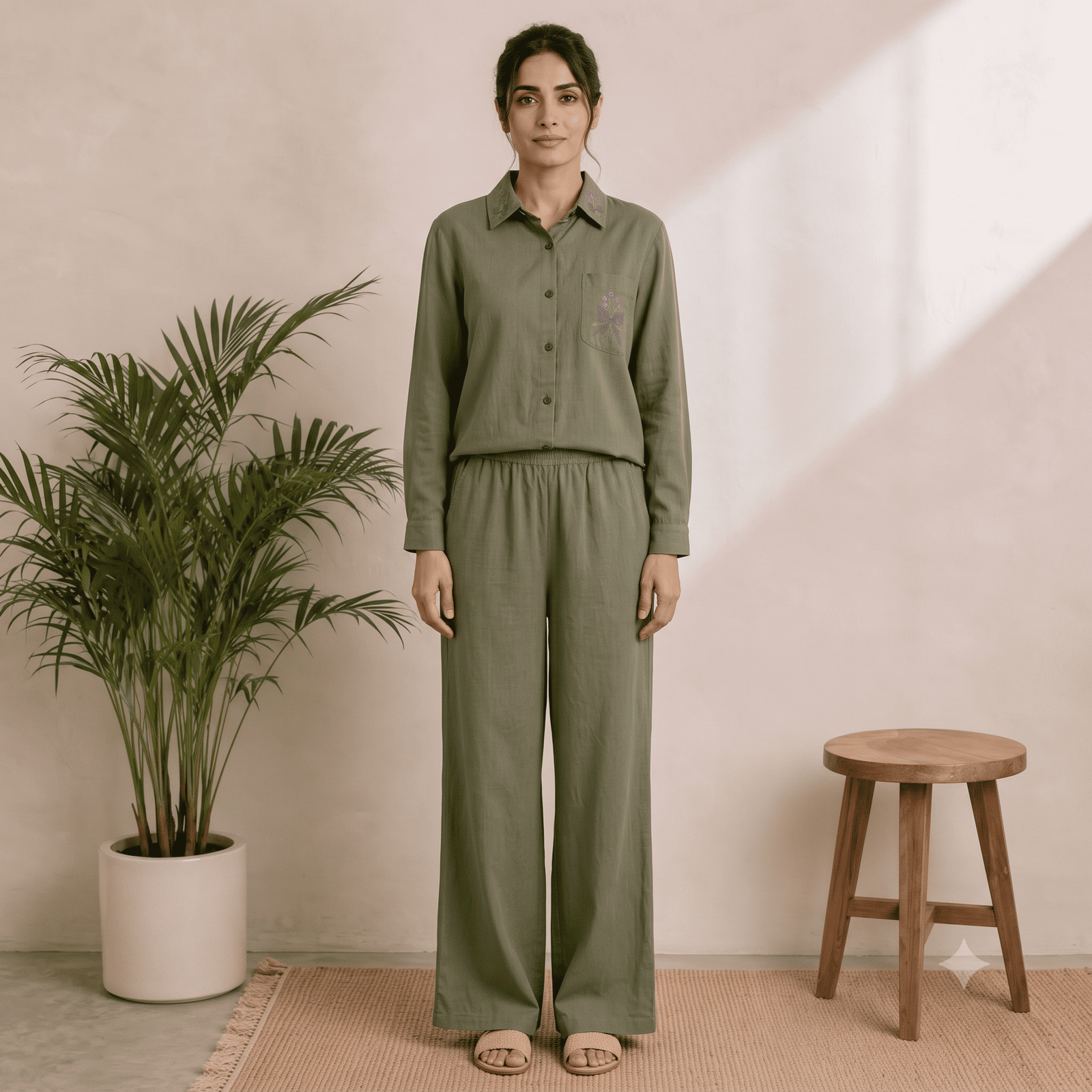 Women’s Olive Green Embroidered Cotton Blend Co-Ord Set – Shirt & Wide-Leg Pants
