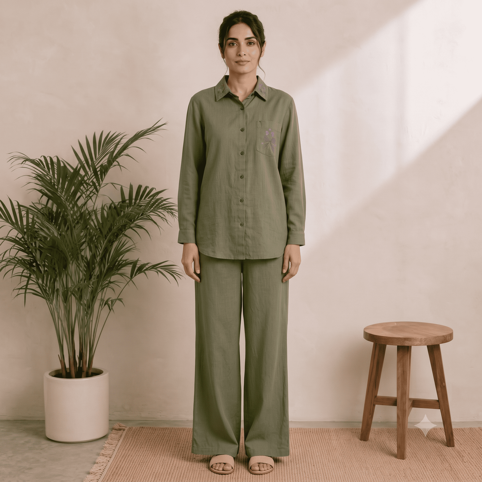 Women’s Olive Green Embroidered Cotton Blend Co-Ord Set – Shirt & Wide-Leg Pants - Image 2