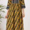 Mustard yellow printed rayon kurta for women with navy blue geometric print, 3/4 sleeves and side slit