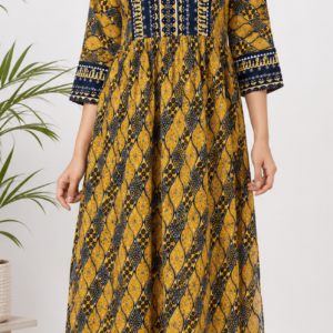 Mustard yellow printed rayon kurta for women with navy blue geometric print, 3/4 sleeves and side slit