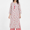 Women's imported powder print floral straight kurta with pink tassel neckline