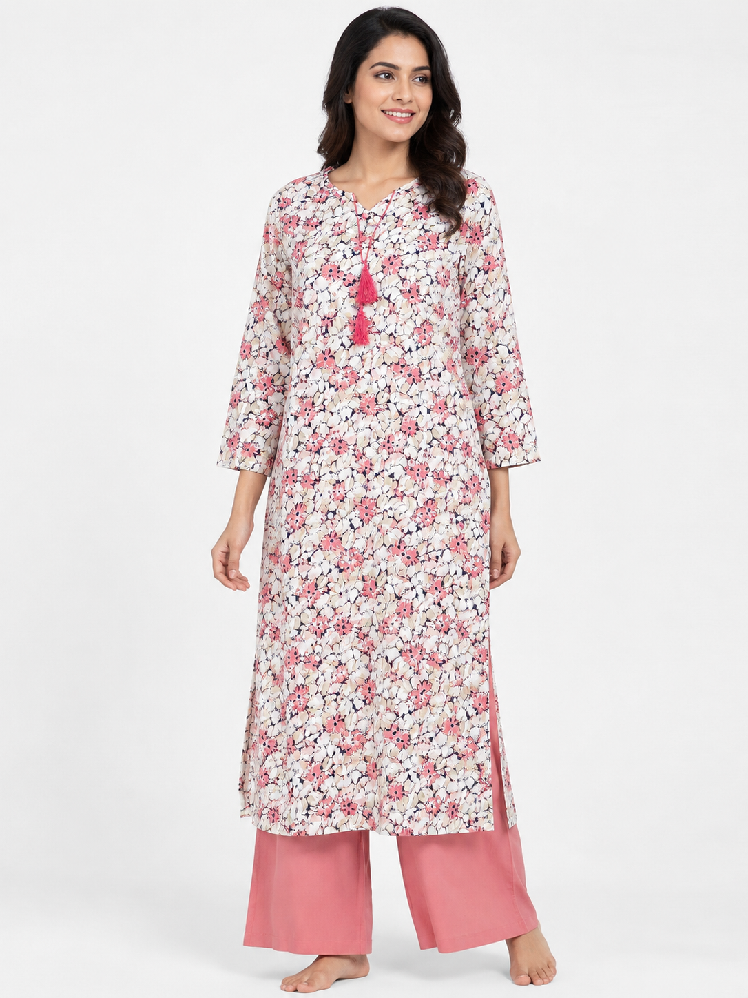 Women's imported powder print floral straight kurta with pink tassel neckline