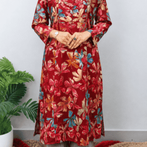 Floral print modal kurta in red for women