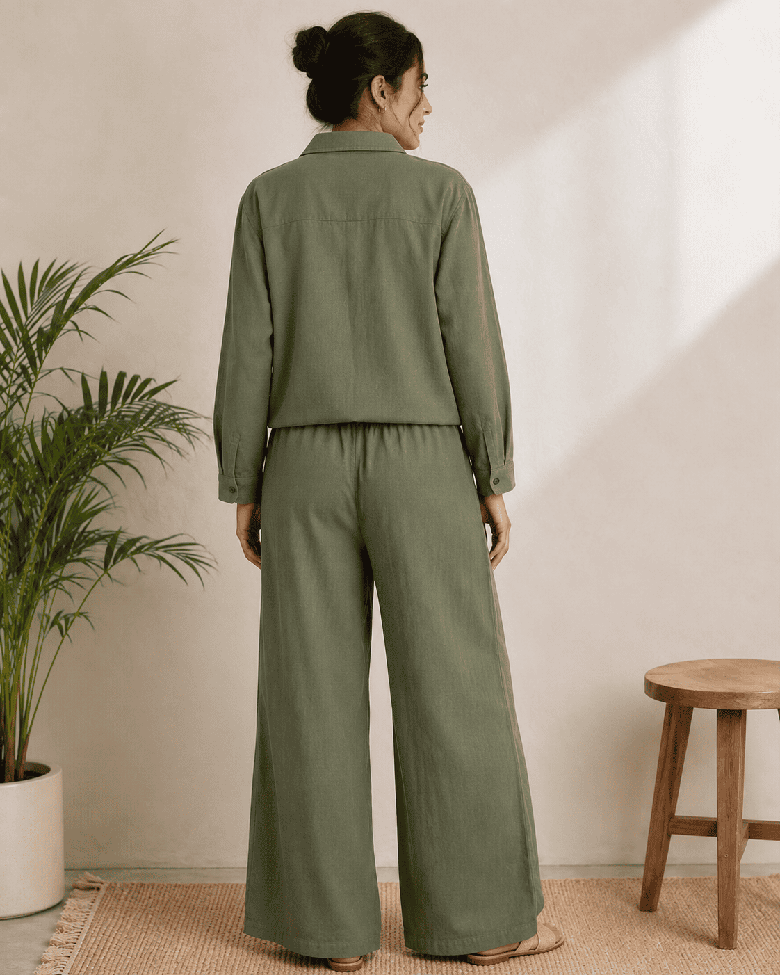 Women’s Olive Green Embroidered Cotton Blend Co-Ord Set – Shirt & Wide-Leg Pants - Image 3