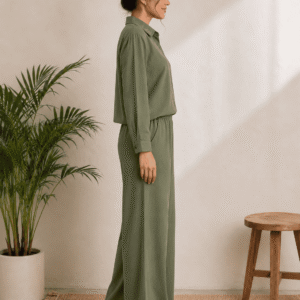 Women’s Olive Green Embroidered Cotton Blend Co-Ord Set – Shirt & Wide-Leg Pants