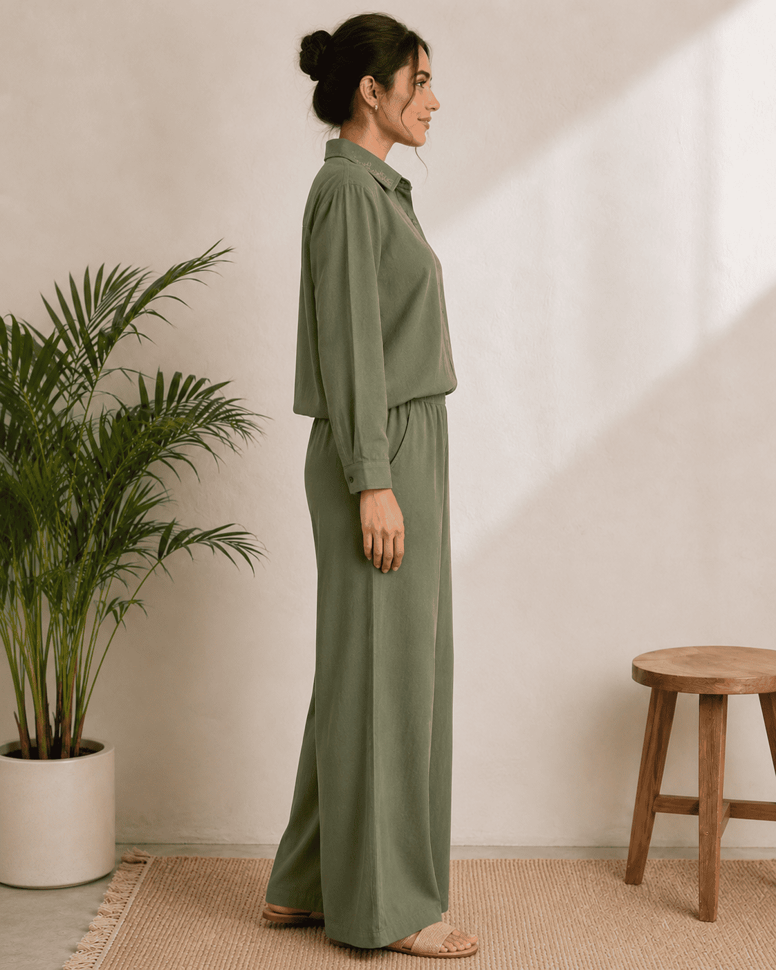 Women’s Olive Green Embroidered Cotton Blend Co-Ord Set – Shirt & Wide-Leg Pants - Image 4