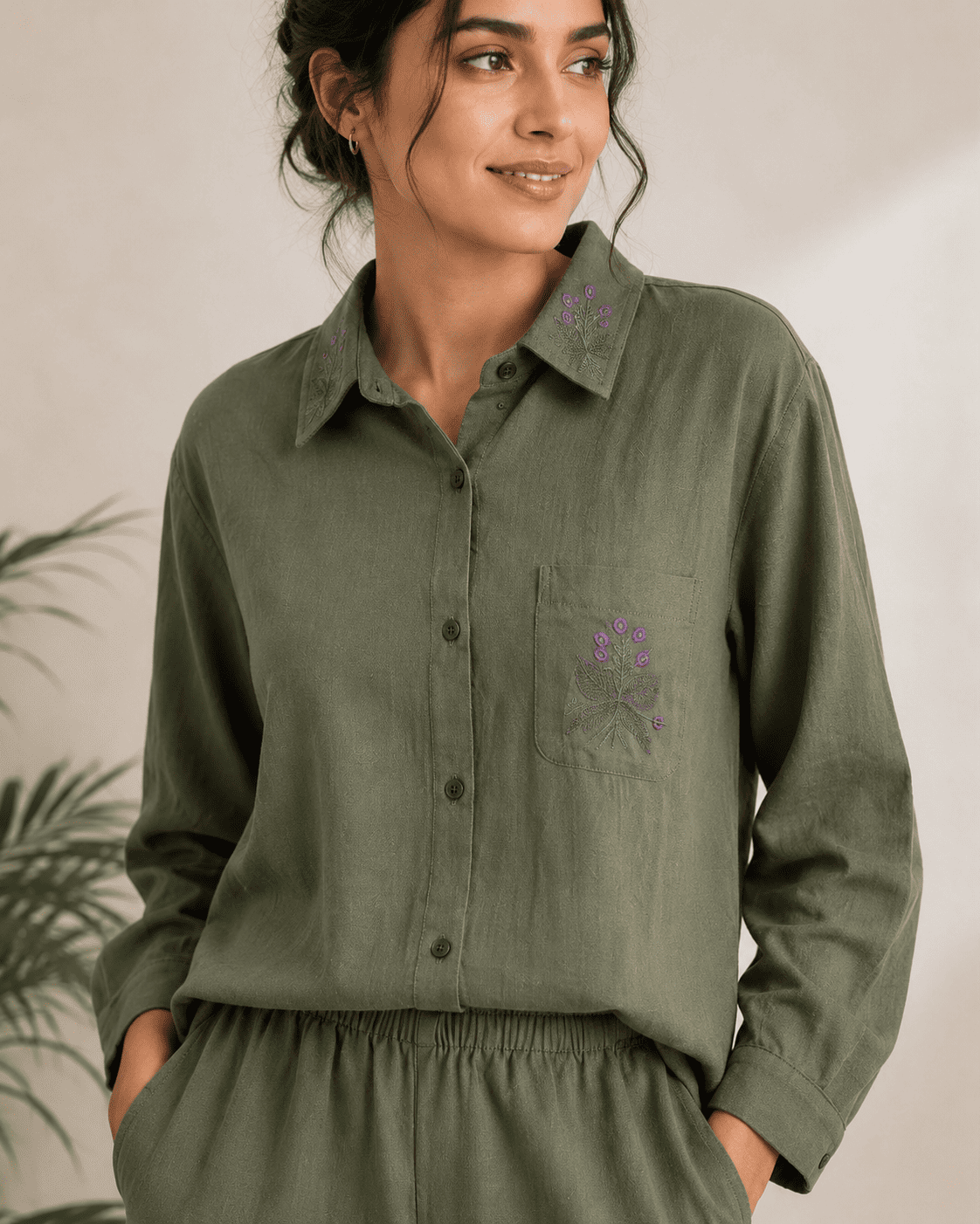 Women’s Olive Green Embroidered Cotton Blend Co-Ord Set – Shirt & Wide-Leg Pants - Image 5