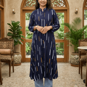 Navy blue printed long kurta for women with full sleeves and button front