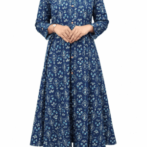 Navy blue printed flared kurta for women with full sleeves and button front