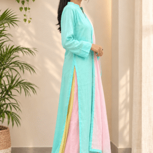 Women’s Aqua Blue Mul Chanderi 3-Piece Kurta Set with Pant & Dupatta
