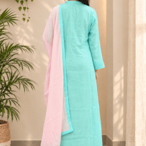 Women’s Aqua Blue Mul Chanderi 3-Piece Kurta Set with Pant & Dupatta