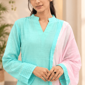 Women’s Aqua Blue Mul Chanderi 3-Piece Kurta Set with Pant & Dupatta