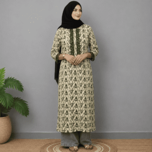 Women’s beige and olive green geometric printed rayon kurta with lace detailing.