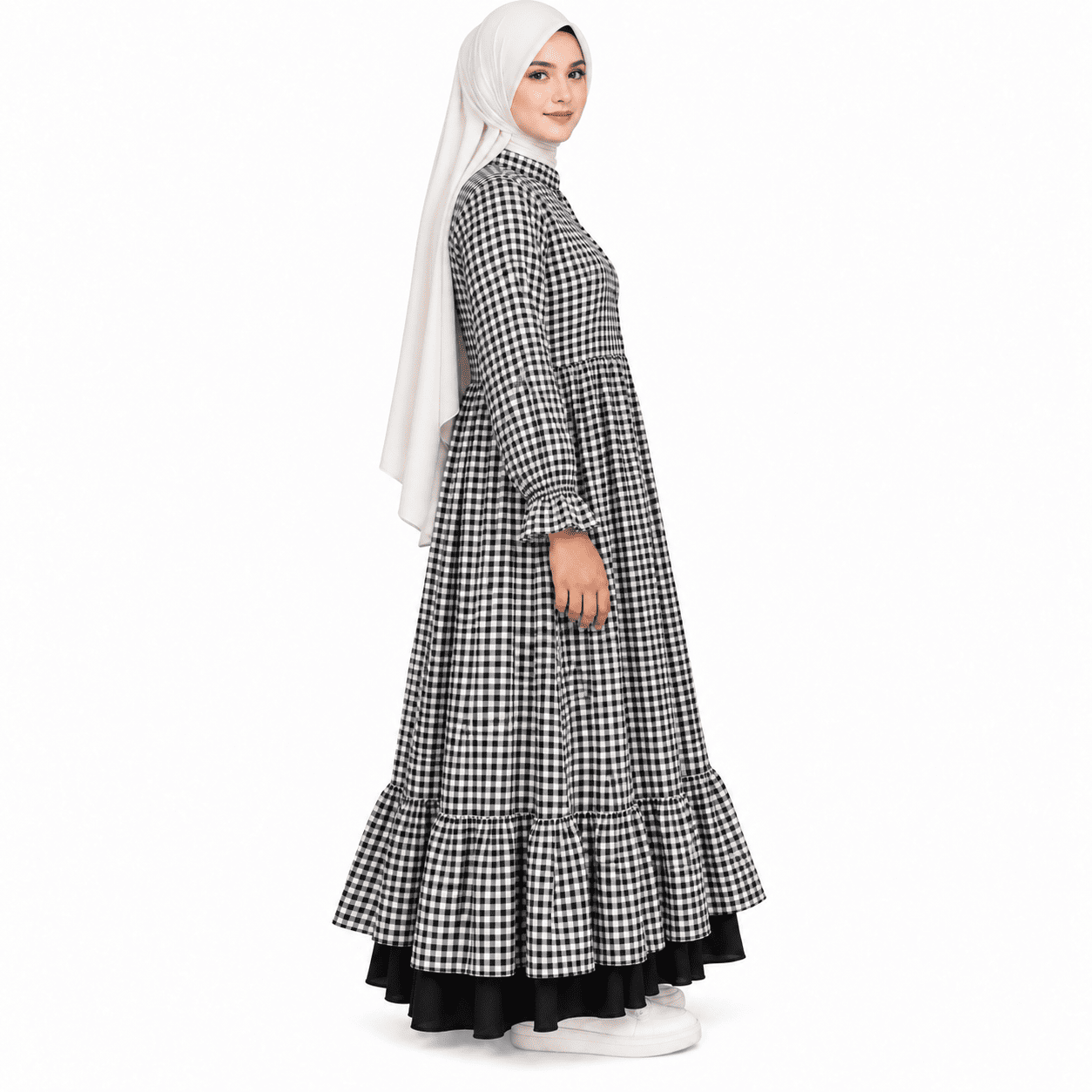 Black and white checkered cotton frock dress with full sleeves and tiered flared hem
