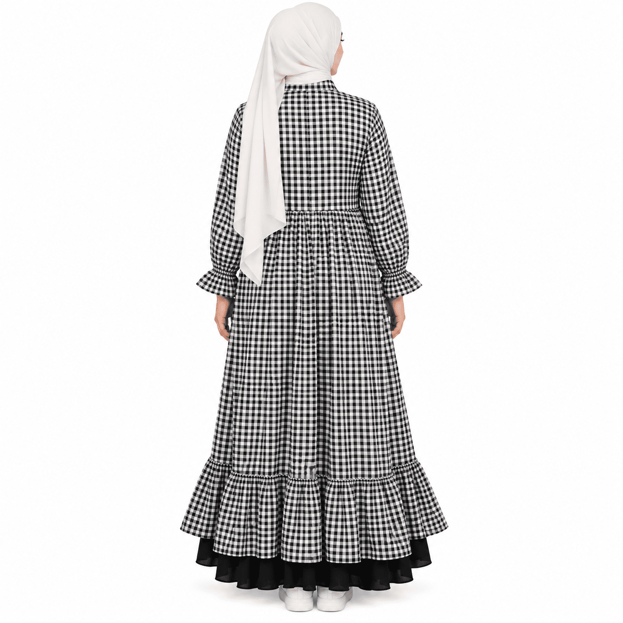 Black and white checkered cotton frock dress with full sleeves and tiered flared hem