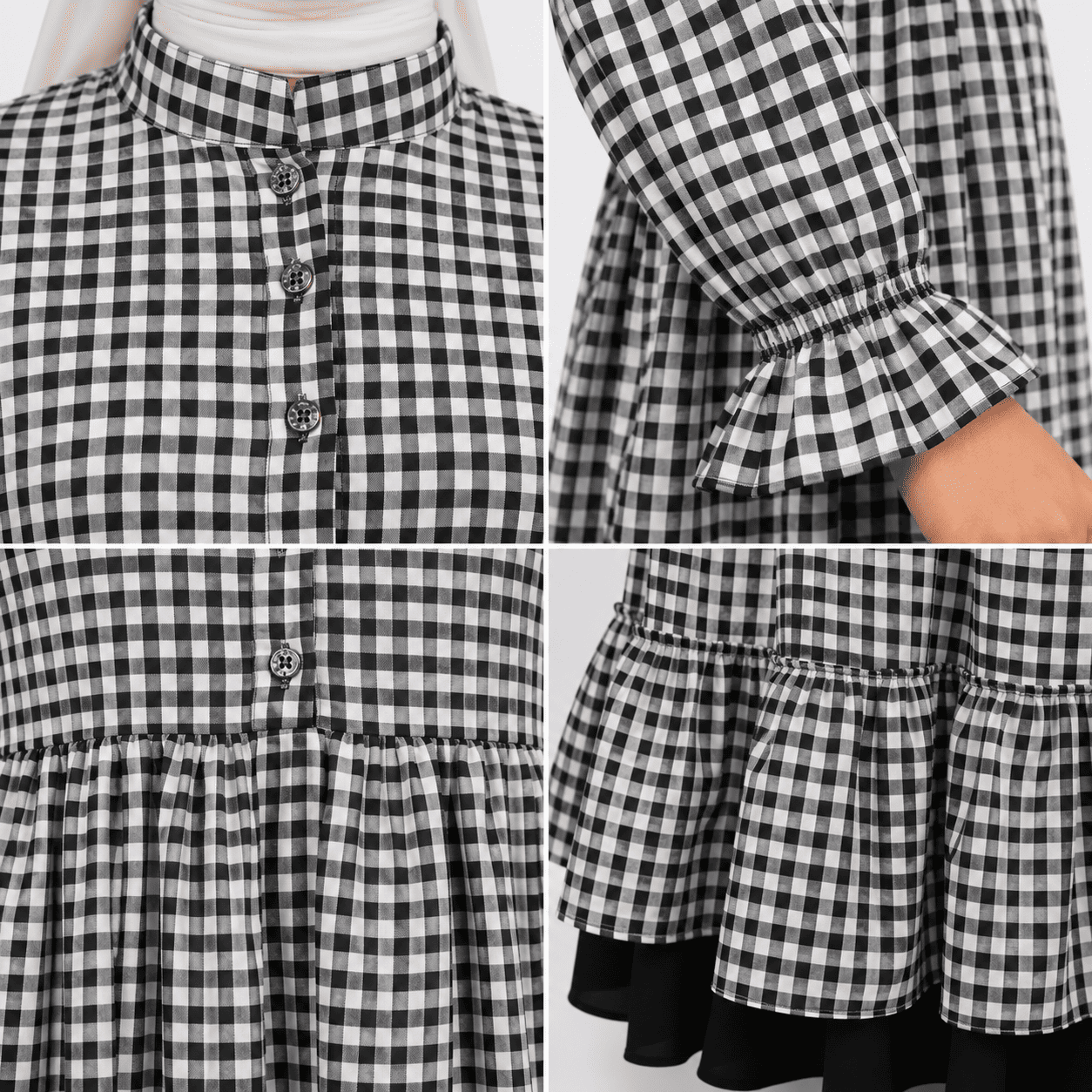 Black and white checkered cotton frock dress with full sleeves and tiered flared hem