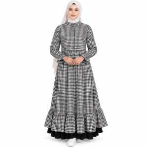 Black and white checkered cotton frock dress with full sleeves and tiered flared hem