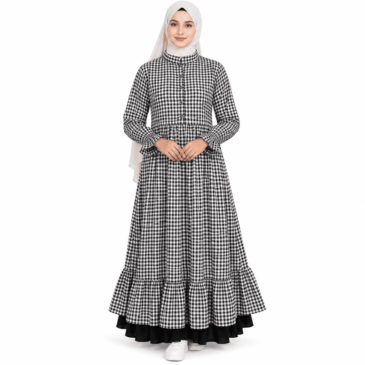 Black and white checkered cotton frock dress with full sleeves and tiered flared hem