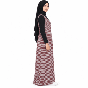 Maroon & White Striped V-Neck Long Dress