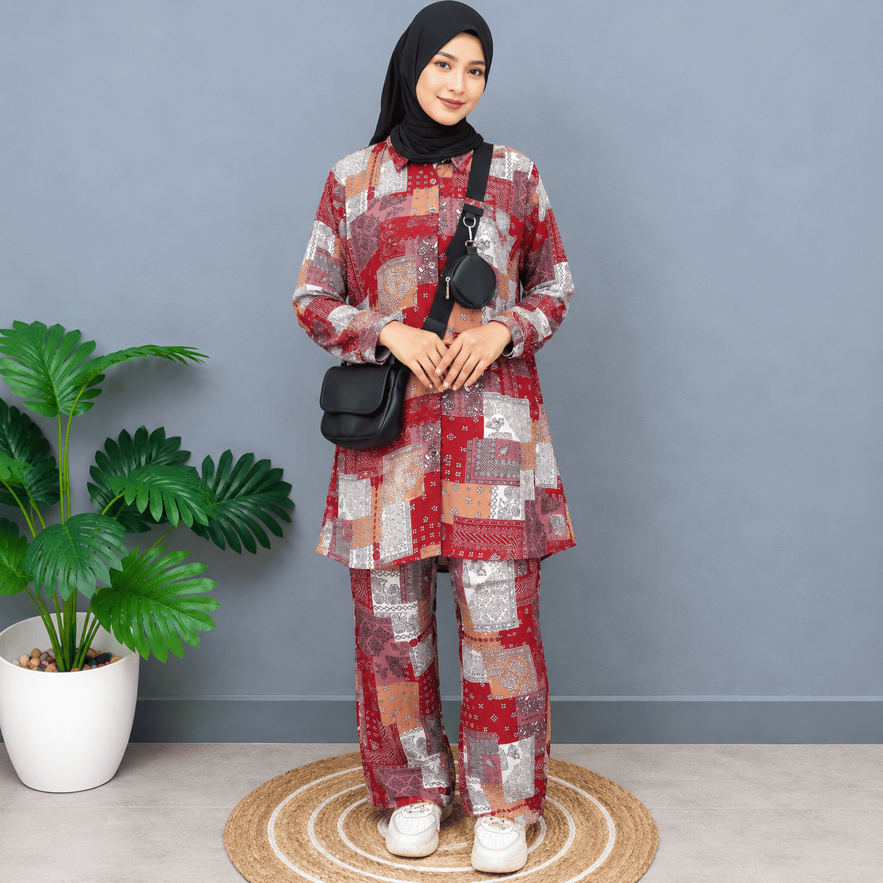 Red patchwork print shirt and palazzo cord set for women.