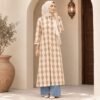 Beige and brown geometric print rayon kurta with 3/4 sleeves design.
