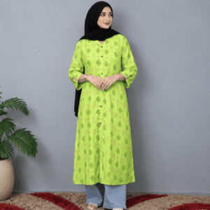 Women’s lime green kurta with button-down front.