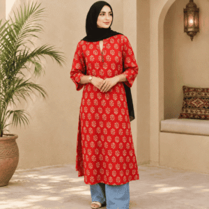 Red floral Straight kurta with slit-detail sleeves and buttoned neckline.