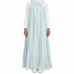 Imported pinafore dress with vertical light blue and white stripes and flowy silhouette